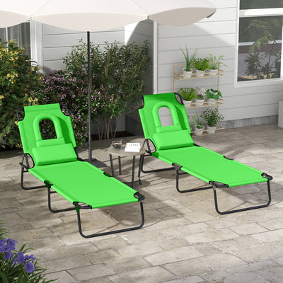 Green Folding Sun Lounger Set of 2 with Face Hole and Adjustable Backrest for Garden