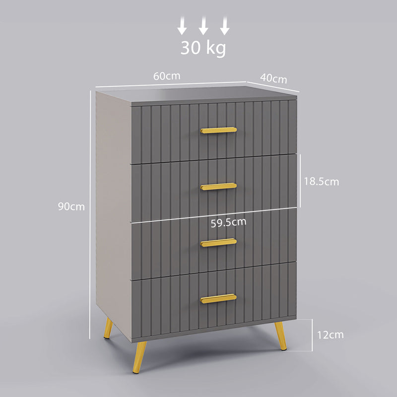 Four Drawer Bedroom Dresser with Embossed Lines Ideal for Storage Organisation Grey Gold