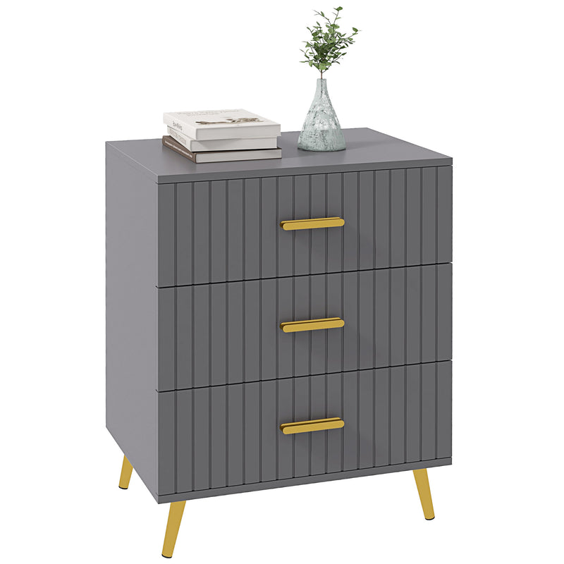 Three Drawer Bedroom Dresser with Embossed Lines for Stylish Storage Grey and Gold