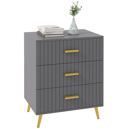 Three Drawer Bedroom Dresser with Embossed Lines for Stylish Storage Grey and Gold