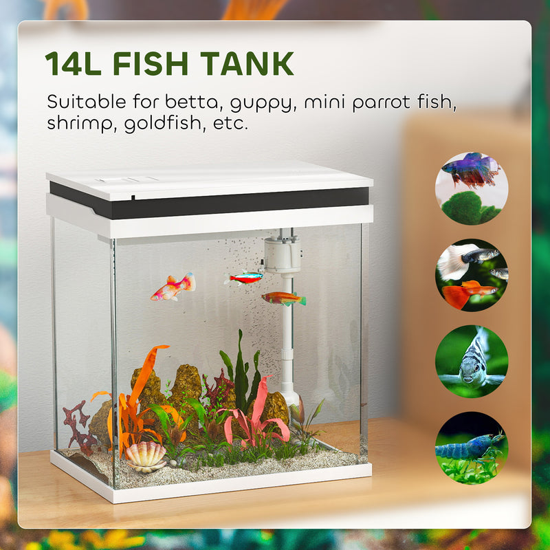 14L Glass Fish Tank with Filter System LED Lights and Water Pump White by PawHut AOSOM