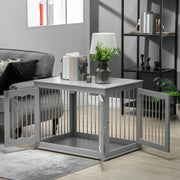 Wooden Dog Crate End Table with Triple Doors and Locks for Indoor Use Grey