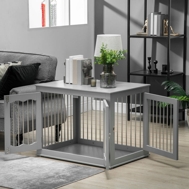 Wooden Dog Crate End Table with Triple Doors and Locks for Indoor Use Grey