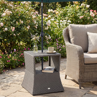 Rattan Garden Table with Parasol Hole and Storage Shelf for Outdoor Use Dark Grey Outsunny