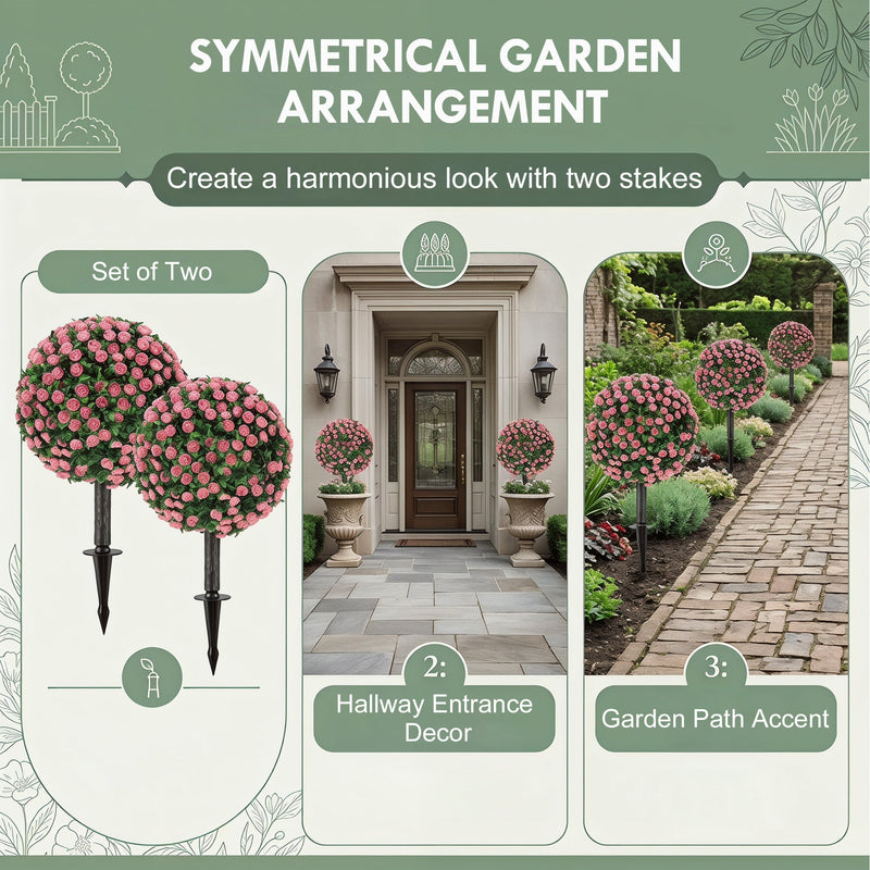 Artificial Rose Topiary Stakes Set of 2 for Easy Year Round Front Door Display