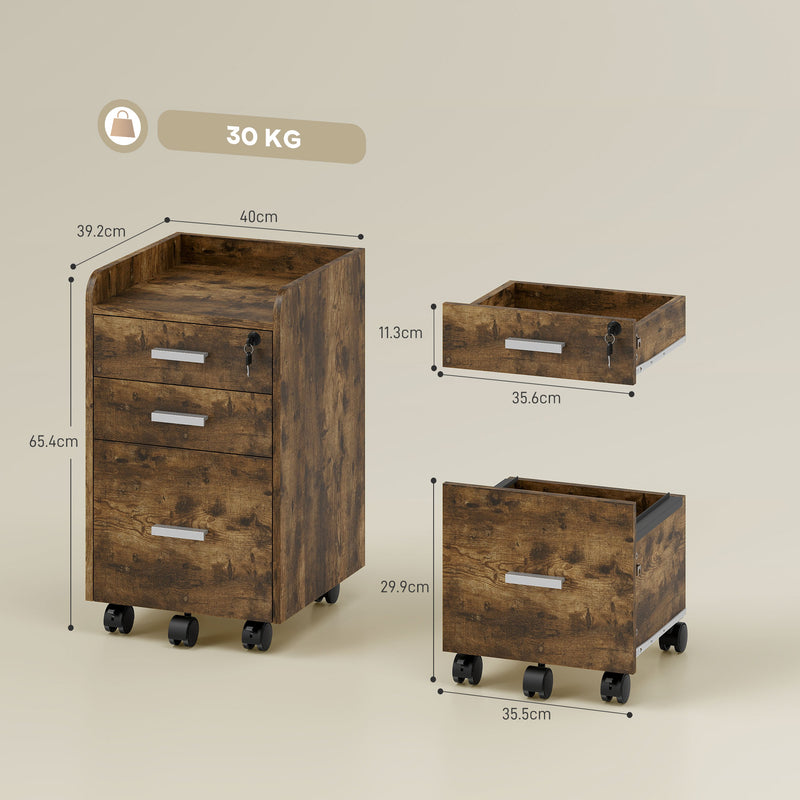 3 Drawer Lockable Mobile Filing Cabinet For Home Office Storage, Rustic Brown Homcom