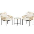 Beige 3 Piece Rattan Bistro Set with Cushions and Glass Top Table for Garden or Balcony by Outsunny
