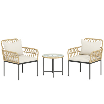 Beige 3 Piece Rattan Bistro Set with Cushions and Glass Top Table for Garden or Balcony by Outsunny