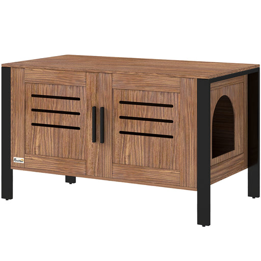 Dark Brown Cat Litter Box Enclosure With Scratcher Legs Double Doors and Ventilation Holes