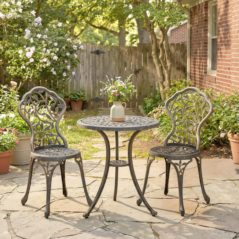 Aluminium Garden Bistro Set for Small Patios and Balconies with Leaf Design, Brown