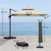 Khaki 2.7m Cantilever Parasol With Aluminium Frame Crank Tilt and Base by Outsunny