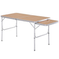 Folding Camping Table with Adjustable Height and Pull Out Side Table for Outdoor Dining Bamboo