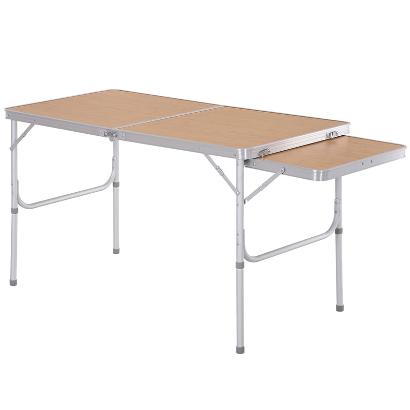 Folding Camping Table with Adjustable Height and Pull Out Side Table for Outdoor Dining Bamboo