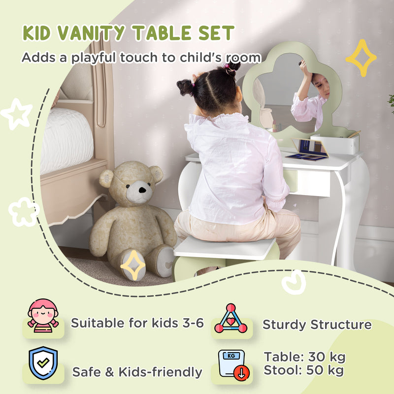 Kids Vanity Table with Mirror Stool and Storage Ideal for Ages 3 to 6 Years White