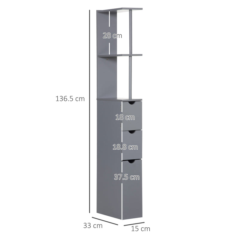 Tall Freestanding Bathroom Cabinet With Drawers And Open Shelves For Small Spaces Grey