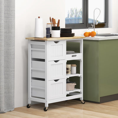 Rolling Kitchen Island Trolley with Drawers and Shelves for Dining or Bar Use White