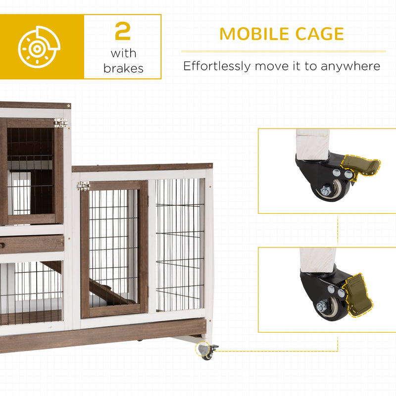 Two Tier Rabbit Hutch with Wheels for Indoor or Outdoor Use Pet Cage, Brown