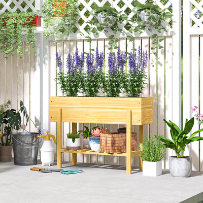Wooden Raised Garden Bed with Liner Storage Shelf and Drainage for Vegetables and Flowers by Outsunny
