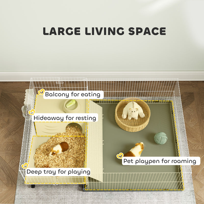 Small Animal Cage with Playpen Waterproof Pad and Hay Feeder 108 x 71 x 57cm Beige by PawHut