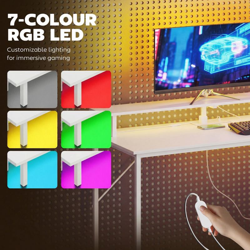Computer Desk with Monitor Stand and Built-In Charging Hub for Home Office or Gaming White AOSOM