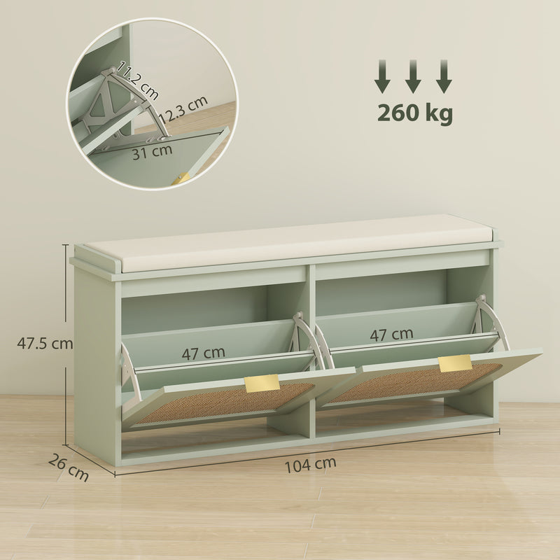 Boho Shoe Storage Bench with Cushion and Flip Drawers for Hallway or Entryway Light Green