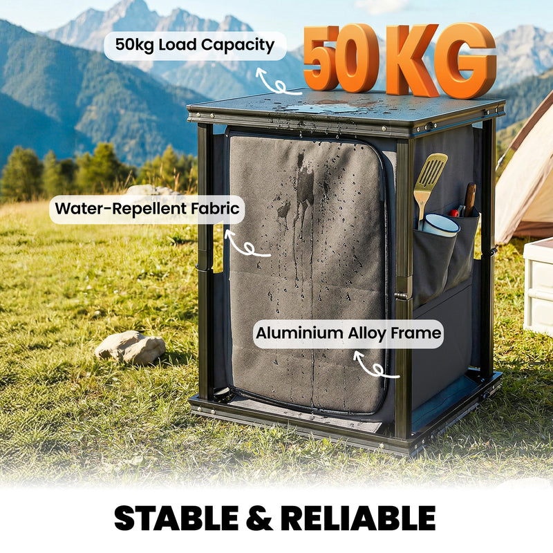 Camping Kitchen Unit with Shelves and Pockets for Organised Cooking Black