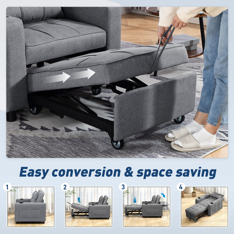 3 in 1 Convertible Single Sofa Bed Chair Ideal for Small Spaces Dark Grey Homcom