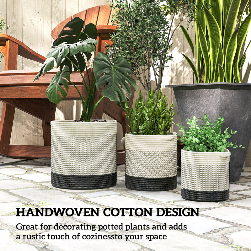 Set of 3 Handwoven Cotton Rope Plant Pots with Waterproof Liner for Indoor or Outdoor Use White AOSOM