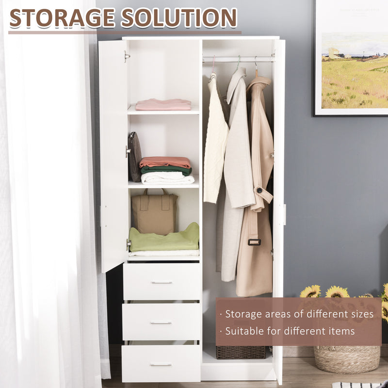 White 2 Door Mirror Wardrobe With Hanging Rail Adjustable Shelf And 3 Drawers 180cm