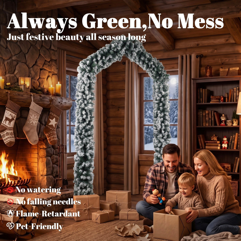 Log cabin room with the flocked arch, stockings and a family opening gifts