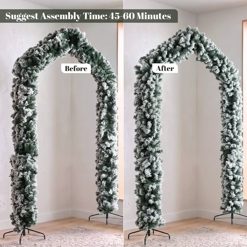 Before and after fluffing of the flocked arch with a 45 to 60 minute assembly time