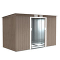 Brown wood grain 9x4ft Outsunny metal garden shed with pent roof and a sliding door open
