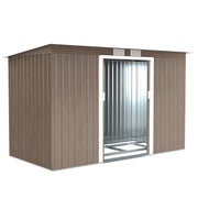 Brown wood grain 9x4ft Outsunny metal garden shed with pent roof and a sliding door open