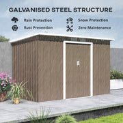 Brown shed on a patio captioned galvanised steel structure with rain, snow and rust protection