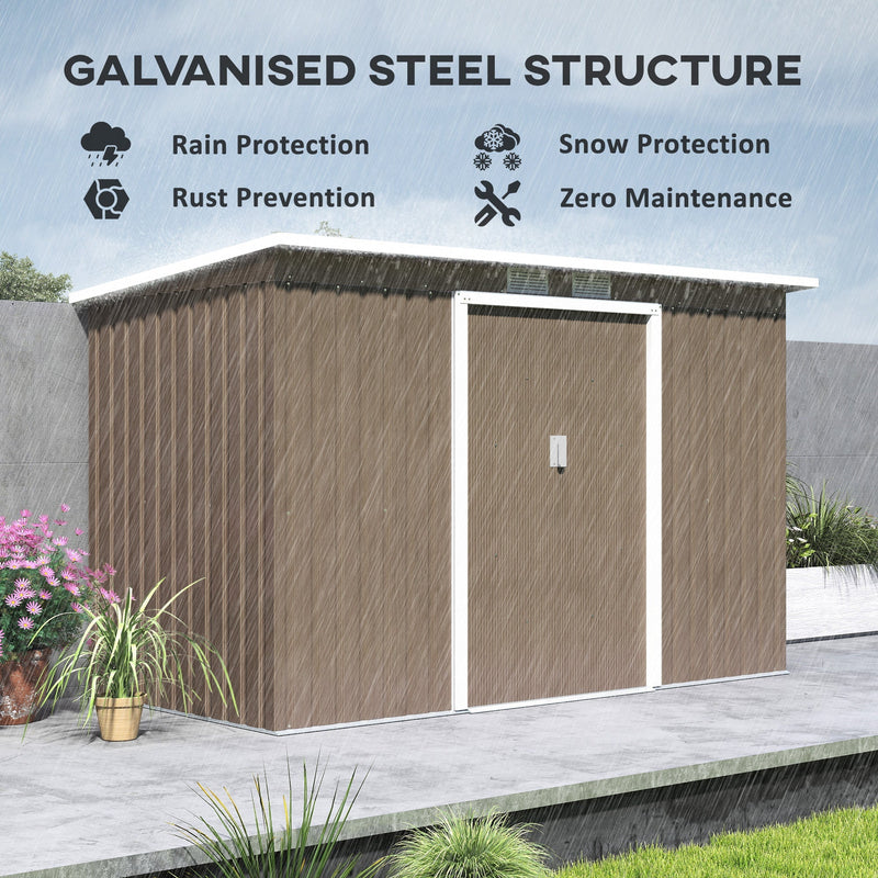 Brown shed on a patio captioned galvanised steel structure with rain, snow and rust protection