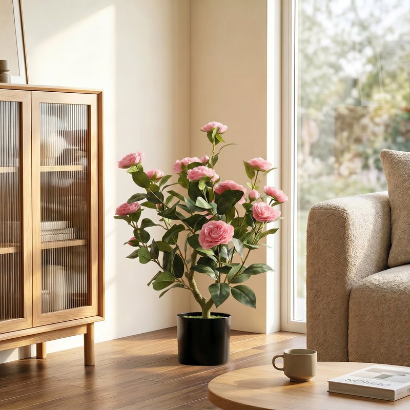 Artificial Camellia Plant 65 cm for Easy Indoor Decoration No Maintenance Pink Homcom