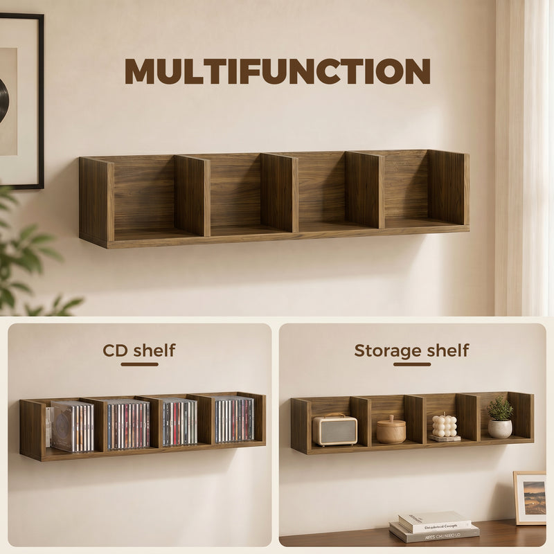 CD Storage Unit Wall Mounted Organiser with 4 Sections for 60 Discs Walnut Brown