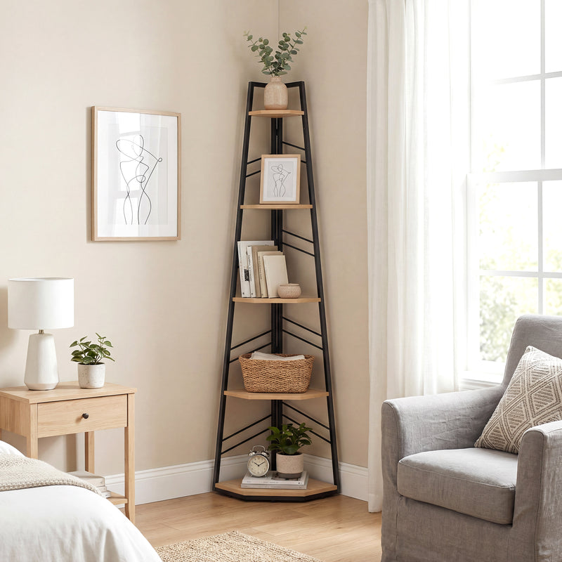 Corner Bookcase with Five Shelves for Space Saving Storage Natural Wood and Black AOSOM