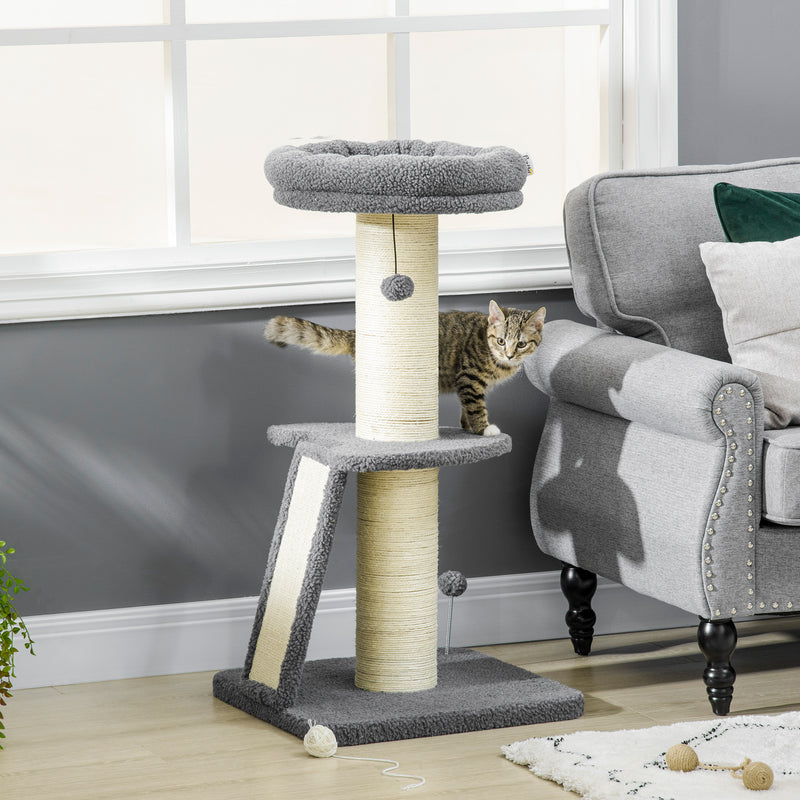 Cat Tree Tower with Scratching Posts Bed and Hanging Toy for Indoor Cats, Dark Grey