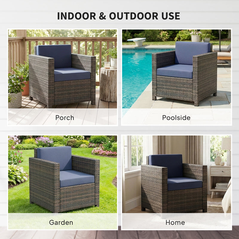 Rattan Garden Armchair With Thick Padded Cushion For Outdoor Relaxing Mixed Brown Navy Blue AOSOM