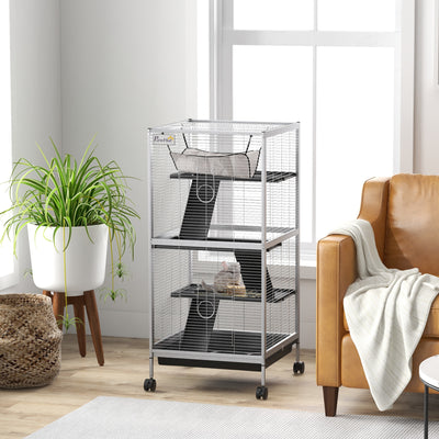 Small Animal Cage with Wheels and Platforms for Indoor Use, Light Grey