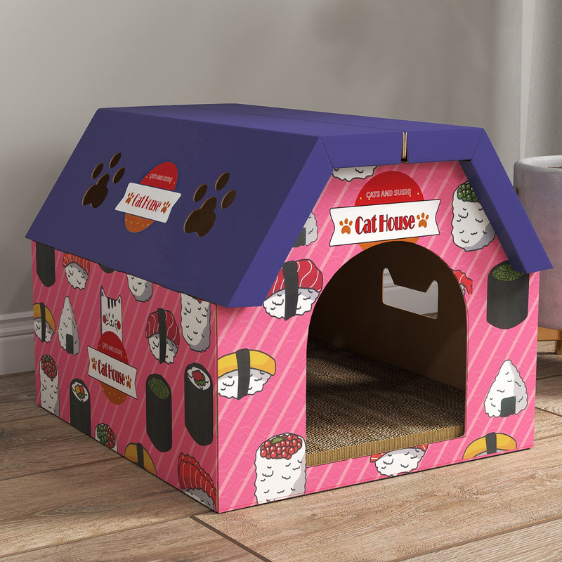 2 in 1 Cardboard Cat House with Scratching Board for Indoor Cats, Pink AOSOM