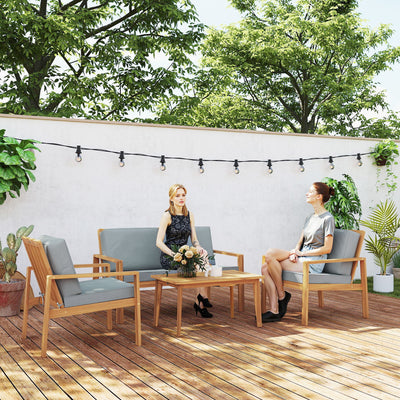 4 Piece Wooden Garden Furniture Set with Soft Cushions in Teak Finish by Outsunny