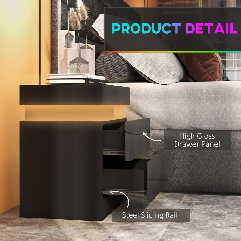 HOMCOM High Gloss Front Bedside Tables Set of 2, Nightstands with RGB LED Light and 2 Drawers, Chest of Drawers for Bedroom, Living Room, Black AOSOM