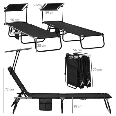 Black Folding Sun Loungers Set of 2 Adjustable Backrests and Face Canopies for Outdoor Use Black Outsunny