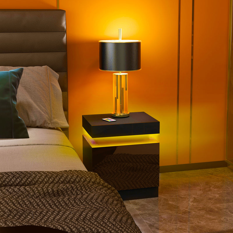 Black LED Bedside Table with High Gloss Front and 2 Drawers for Bedroom or Living Room by HOMCOM