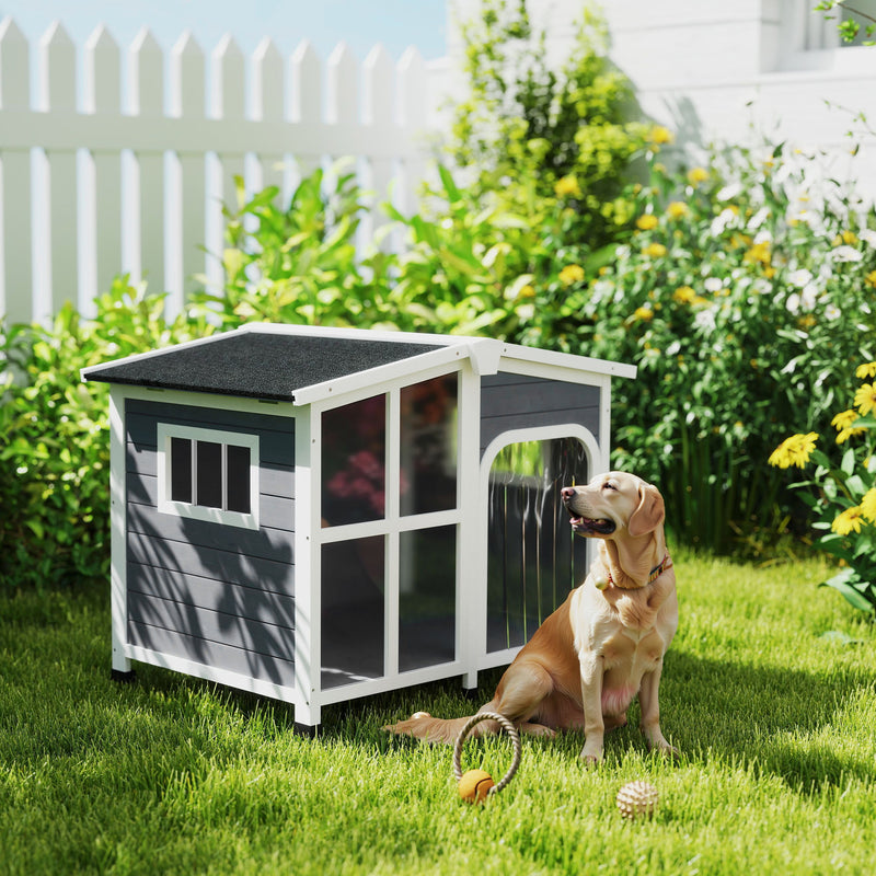 Wooden Dog Kennel with Removable Floor Openable Roof and Large Window Charcoal Grey by PawHut