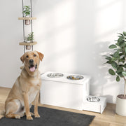 White Raised Dog Bowl Stand With Slow Feeder Mat Storage Cabinet and 3 Stainless Steel Bowls by PawHut