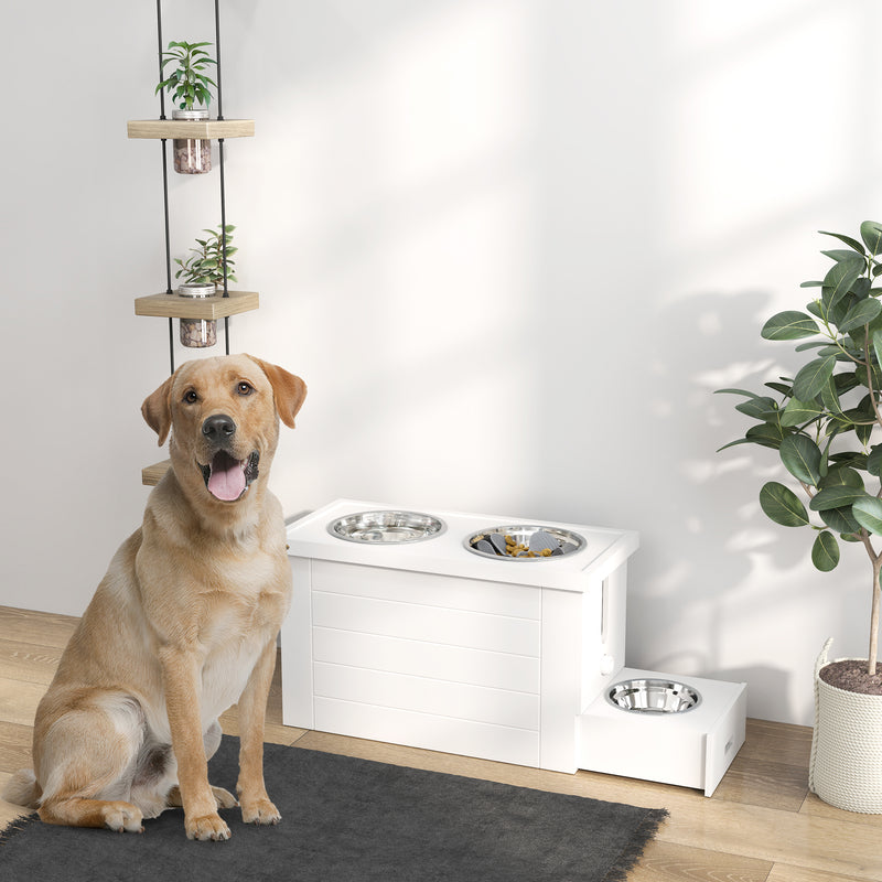 White Raised Dog Bowl Stand With Slow Feeder Mat Storage Cabinet and 3 Stainless Steel Bowls by PawHut
