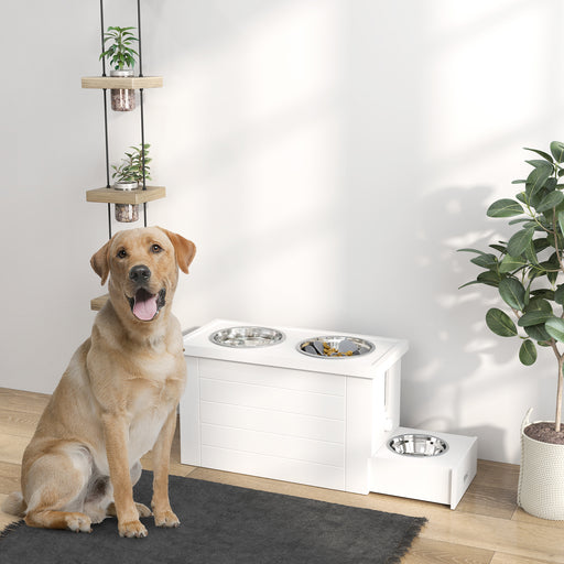 White Raised Dog Bowl Stand With Slow Feeder Mat Storage Cabinet and 3 Stainless Steel Bowls by PawHut